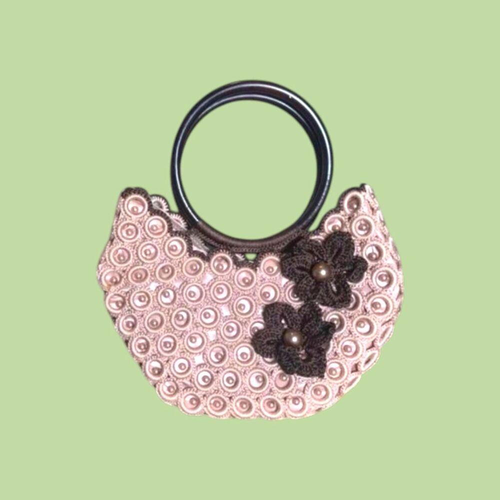 Vtg Crochet Bag Pink and Brown Bag